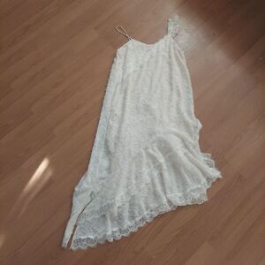 Sounds Around Asymmetrical Cream Colored Midi Dress Textured Sz Medium